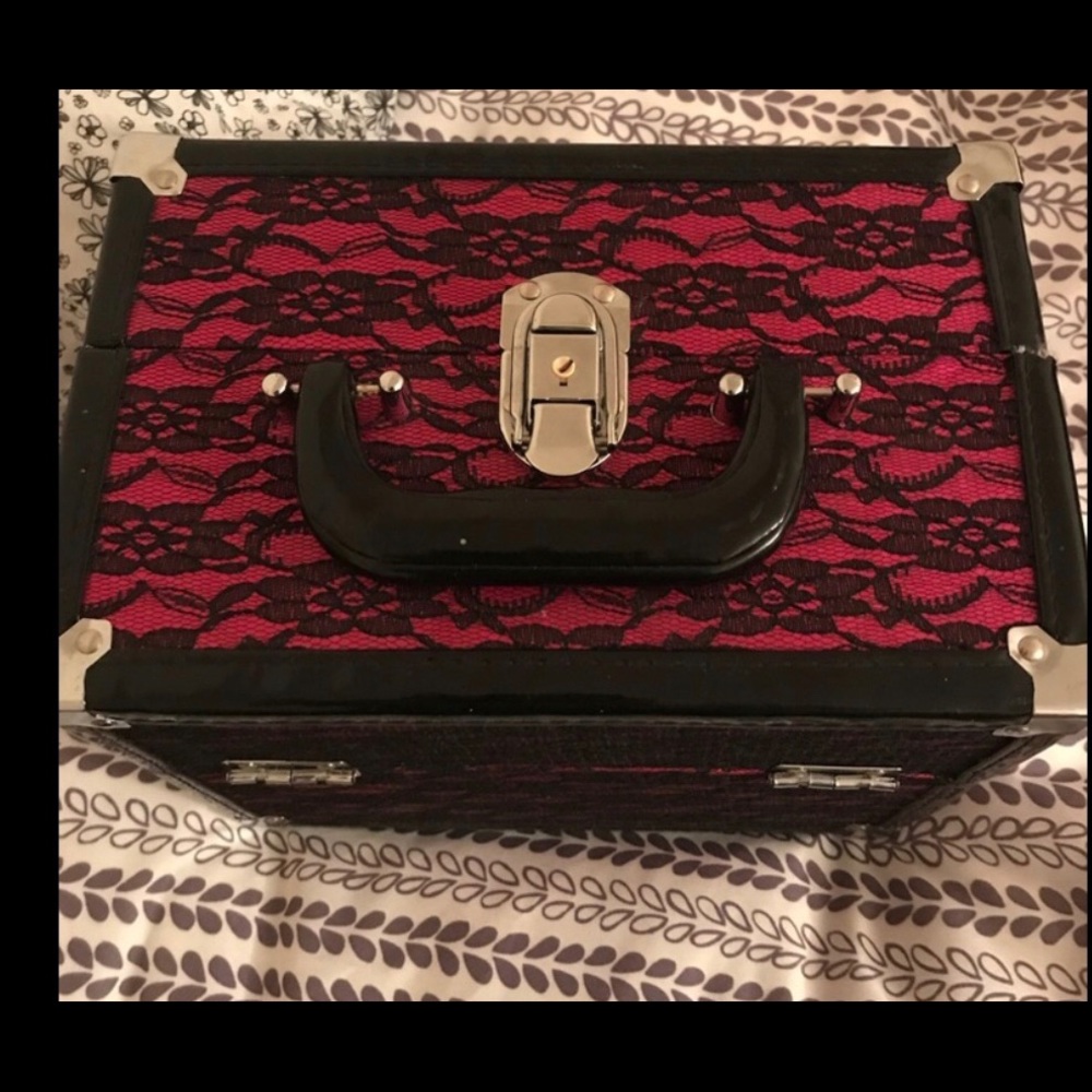 Pink and black lace makeup train case